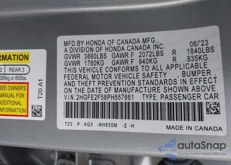 2023 Honda Civic Sport из США, поврежденный, VIN 2HGFE2F58PH557661